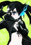  \m/ bikini_top black_hair black_rock_shooter black_rock_shooter_(character) blue_eyes blush flat_chest gloves hironox macross macross_frontier microphone midriff pale_skin parody seikan_hikou solo twintails 