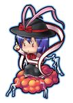  black_skirt blue_hair blush bow bowtie chibi electricity full_body hat long_sleeves nagae_iku red_bow red_eyes red_neckwear short_hair skirt solo standing tonbery touhou 