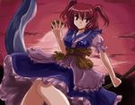  bangs between_fingers breasts cloud coin flx frills hair_bobbles hair_ornament looking_at_viewer medium_breasts moon onozuka_komachi puffy_short_sleeves puffy_sleeves red_eyes red_hair sash scythe short_hair short_sleeves sitting sitting_on_object skirt skirt_set solo sunset touhou two_side_up 