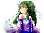  bare_shoulders closed_mouth detached_sleeves frog_hair_ornament green_eyes green_hair hair_ornament kochiya_sanae long_hair long_sleeves looking_afar simple_background smile snake_hair_ornament solo touhou upper_body vest white_background yae_(mono110) 