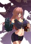  armor asymmetrical_clothes bare_shoulders book breasts brown_hair cleavage copyright_request covered_nipples gauntlets glasses huge_breasts long_hair makishima_azusa mecha midriff miniskirt navel pencil_skirt purple_eyes skirt smile solo 