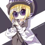  black_pants black_vest blonde_hair chibi closed_mouth collared_shirt expressionless hat hoshina_utau jewelry long_sleeves looking_at_viewer microphone microphone_stand mirai_(sugar) necklace pants pearl_necklace purple_eyes shirt shugo_chara! solo sunglasses vest white_shirt 