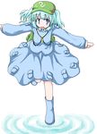  aqua_hair baerun blue_eyes blue_hair boots hat kawashiro_nitori outstretched_arms ripples rubber_boots solo spread_arms touhou twintails two_side_up water 