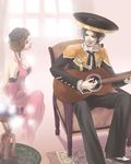  1girl acoustic_guitar artist_request brown_eyes brown_hair edna_capone green_eyes guitar hat instrument ricardo_gomez shadow_hearts shadow_hearts_from_the_new_world 