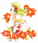  arms_behind_back bare_shoulders bouquet colored_pencil_(medium) dress flower full_body gen_4_pokemon green_eyes green_hair hair_ornament long_hair marker_(medium) mary_janes mixed_media moemon no_socks personification pokemon pokemon_(creature) shaymin shoes simple_background smile solo sundress tachitsu_teto traditional_media white_background 