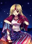  blonde_hair chain cuffs cup horn hoshiguma_yuugi long_hair one_eye_closed red_eyes sakazuki sandals snow solo suzushiro_kurumi touhou 