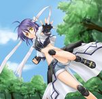  bad_id bad_pixiv_id belt denim denim_shorts fingerless_gloves gloves hair_ribbon headband lyrical_nanoha mahou_shoujo_lyrical_nanoha_strikers midriff purple_hair ribbon short_hair shorts solo subaru_nakajima tadokoro_teppei tree yellow_eyes 