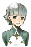  alice_elliot artist_request bow braid buttons cross french_braid green_bow green_eyes hair_bow open_mouth shadow_hearts silver_hair smile solo upper_body 