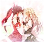  black_hair blonde_hair buriki closed_eyes face-to-face feathers forehead-to-forehead hakurei_reimu holding_hands kirisame_marisa long_hair multiple_girls ponytail touhou yuri 