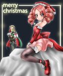  1boy 1girl amy_sorel blue_eyes choker christmas detached_sleeves drill_hair father_and_daughter fishnet_legwear fishnets gift hat raphael_sorel red_hair santa_costume santa_hat short_twintails soulcalibur soulcalibur_iii thighhighs twintails 