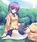  1girl blue_eyes clannad fujibayashi_ryou hikarizaka_private_high_school_uniform lap_pillow odayan okazaki_tomoya purple_hair school_uniform short_hair thighhighs white_legwear zettai_ryouiki 