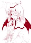  ascot bat_wings blush brooch fang jewelry monochrome nanaume_(shichimi_tougarashi) no_hat no_headwear one_eye_closed out_of_frame petting red remilia_scarlet solo_focus touhou v_arms wings 