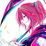  colorful hair_bobbles hair_ornament minase_(mmakina) onozuka_komachi over_shoulder profile red_eyes red_hair scythe short_twintails simple_background solo touhou twintails two_side_up weapon weapon_over_shoulder white_background 