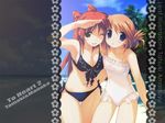  amazuyu_tatsuki armpits beach bikini blue_eyes blush breasts brown_hair cleavage cloud day folded_ponytail hair_ornament hairclip hug komaki_manaka kousaka_tamaki large_breasts looking_at_viewer multiple_girls navel non-web_source one-piece_swimsuit one_eye_closed outdoors red_hair shading_eyes sky smile standing swimsuit to_heart_2 twintails wallpaper yellow_eyes 