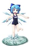  barefoot bow cirno feet ice kusaba_(kusabashiki) one-piece_swimsuit school_swimsuit solo surprised swimsuit tareme touhou water 