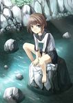  barefoot blue_eyes brown_hair murata_taichi original rock short_hair sitting sitting_on_rock skirt smile solo stone stream water 