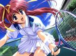  blue_eyes bow cloud comic_party day dutch_angle game_cg hair_ribbon lens_flare light_rays long_hair mitsumi_misato non-web_source open_mouth perspective ponytail racket red_hair ribbon side_ponytail sky smile solo sportswear sunbeam sunlight takase_mizuki tennis tennis_court tennis_racket tennis_uniform yellow_bow 