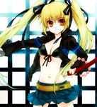  bad_id bad_pixiv_id belt black_rock_shooter black_rock_shooter_(character) black_rock_shooter_(character)_(cosplay) blonde_hair bra cosplay jacket katana lingerie long_hair lowres nabari_no_ou ribbon shimizu_raimei skirt solo sword twintails underwear weapon yellow_eyes yue_(pixiv) 