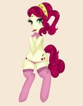  2012 beauty_mark bow_tie camel_toe cherry_jubilee cherry_jubilee_(mlp) cutie_mark equine ezkarpy female friendship_is_magic fur green_eyes hair hairband horse legwear looking_at_viewer mammal my_little_pony panties plain_background pony red_hair scarf smile solo stockings tan_fur topless underwear 