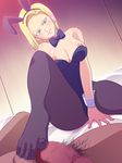  1girl android_18 animal_ears areolae bare_shoulders bed blonde_hair blue_eyes blush bow bowtie breasts bunny_ears bunny_girl bunnysuit censored clothed_female_nude_male dragon_ball dragon_ball_z dragonball_z earrings engawa_suguru erodon_hearts fake_animal_ears feet footjob highres jewelry large_breasts legs looking_at_viewer lying mosaic_censoring nipple_slip nipples pantyhose penis pubic_hair short_hair sitting smile solo_focus thighs toes wrist_cuffs 