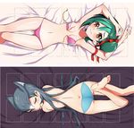  2girls ass bikini blue_eyes blue_panties blush bra breasts brown_eyes cathy cathy_(yuu-gi-ou_zexal) green_hair highres kotori_mizuki long_hair lying mizuki_kotori_(yuu-gi-ou_zexal) multiple_girls navel on_back on_stomach open_bikini open_clothes panties por smile swimsuit thighs tongue tongue_out underwear wink yu-gi-oh! yu-gi-oh!_zexal yuu-gi-ou_zexal 