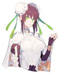  1girl bodysuit breasts brown_hair bun_cover cape chinese_clothes closed_mouth covered_navel double_bun dress fate/grand_order fate_(series) fingerless_gloves gloves green_eyes green_ribbon hair_ornament hair_ribbon highres looking_at_viewer medium_breasts qin_liangyu_(fate) ribbon short_hair simple_background solo white_background white_dress 