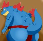  ? anthro back crocodile fard_(pixiv) feraligatr fundoshi kemono looking_back nintendo pok&#233;mon pokemon reptile scalie simple_background solo teeth underwear video_games water_type yellow_eyes 