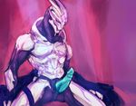  alien blue_eyes blue_penis chillchell erection male mandibles mass_effect nude original_character penis sitting solo turian white_body 
