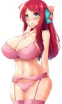  aqua_eyes arm_behind_back bare_shoulders blush bow bra breasts cleavage eyebrows_visible_through_hair hair_bow hand_on_own_face huge_breasts lingerie long_hair looking_at_viewer minamoto_sakura mistynight navel panties parted_lips pink_bra pink_panties red_hair simple_background solo standing thighhighs underwear white_background zettai_ryouiki zombie zombie_land_saga 