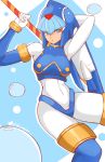  android blue_eyes bodysuit breasts dejaguar head_tilt helmet holding holding_weapon leviathan_(rockman) medium_breasts rockman rockman_zero solo thighhighs weapon 