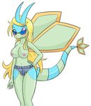  basketgardevoir blonde_hair blush breasts clothed clothing eyewear female flygon hair half-dressed hi_res horn long_hair nintendo nipples pink_eyes plain_background pok&#233;mon pokemon scalie shorts solo standing sunglasses topless video_games white_background wings 