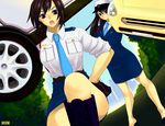  artist_request black_eyes boots brown_hair car copyright_request gloves ground_vehicle hat lifting_cars long_hair miniskirt motor_vehicle multiple_girls pencil_skirt police police_uniform policewoman short_hair skirt sleeves_rolled_up type51 uniform 