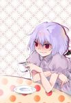  dress drink expressionless holding lavender_hair miyoochi puffy_short_sleeves puffy_sleeves purple_dress red_eyes remilia_scarlet saucer shaded_face short_hair short_sleeves solo steam table tea touhou upper_body 