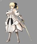  ahoge armor armored_dress artoria_pendragon_(all) bare_shoulders blonde_hair detached_sleeves dress fate/stay_night fate/unlimited_codes fate_(series) gauntlets green_eyes non-web_source ponytail saber saber_lily solo sword takeuchi_takashi weapon 