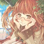  blush brown_eyes coat cup glasses hair_ornament hairpin head_wings original red_hair shabon solo 