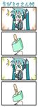  1girl 4koma aqua_hair chibi chibi_miku comic food food_on_face hatsune_miku minami_(colorful_palette) popsicle silent_comic twintails vocaloid |_| 