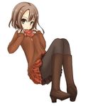  artist_request boots brown_eyes brown_hair copyright_request pantyhose plaid plaid_skirt skirt solo 