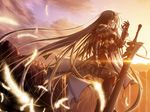 armor black_hair feathers gauntlets long_hair primitive_link sione solo sunrise sword wallpaper weapon yuuki_makoto_(radiant) 