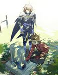  brown_hair flower grave kratos_aurion lloyd_irving male_focus multiple_boys red_eyes red_shirt shimabara shirt sword tales_of_(series) tales_of_symphonia weapon 