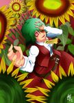  ascot belt bi_shu buttons collar dated evil_smile eyebrows eyebrows_visible_through_hair flower green_hair hand_on_own_face hand_over_eye kazami_yuuka laughing long_sleeves open_mouth plaid plaid_skirt plaid_vest red_eyes short_hair skirt skirt_set sleeves_past_wrists smile solo sunflower touhou vest yandere yellow_neckwear 