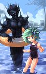  1girl black_school_swimsuit blue_eyes cecil_harvey child final_fantasy final_fantasy_iv green_hair innertube kouno_hikaru one-piece_swimsuit rydia school_swimsuit swimsuit wading water younger 