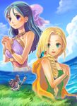  2girls animal animal_on_shoulder bianca bird bird_on_shoulder blonde_hair blue_hair blush bow braid cape dragon_quest dragon_quest_v dress flora gin_(oyoyo) green_eyes hair_over_shoulder half_updo hero_(dq5) multiple_girls pink_bow purple_eyes ribbon single_braid 