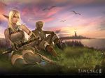  1girl artist_request bird blonde_hair elf elf_(lineage_2) grass highres lineage lineage_2 long_hair official_art pointy_ears sitting sky sunset sword thighhighs wallpaper weapon 