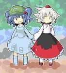  animal_ears artist_request blue_eyes blue_hair blush boots geta grey_eyes hair_bobbles hair_ornament hat holding_hands inubashiri_momiji japanese_clothes kawashiro_nitori multiple_girls open_mouth red_eyes sandals short_hair skirt skirt_set smile tokin_hat touhou twintails two_side_up white_hair wolf_ears 