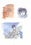  absurdres artbook cape cecil_(record_of_lodoss_war) highres izubuchi_yutaka male_focus multiple_boys orson record_of_lodoss_war scan shiris staff sword traditional_media weapon wizard 