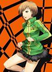  :d bare_legs black_skirt brown_eyes brown_hair jacket kneehighs long_sleeves miniskirt mizuki_makoto open_mouth parted_lips persona persona_4 pleated_skirt satonaka_chie short_hair skirt smile solo track_jacket turtleneck v-shaped_eyebrows white_legwear zipper 