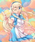  alice_(wonderland) alice_(wonderland)_(cosplay) alice_in_wonderland blonde_hair blue_eyes cosplay crossdressing dress hairband knucklecurve kuma_(persona_4) long_hair male_focus one_eye_closed otoko_no_ko persona persona_4 pointing solo 