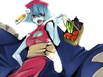  blue_hair blue_skin cleavage_cutout fang flipped_hair groceries hat jiangshi lei_lei red_eyes shopping_basket short_hair solo tansuke vampire_(game) 