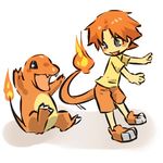  blue_eyes blush_stickers charmander fang fangs fire gen_1_pokemon hitec male_focus moemon open_mouth orange_(color) orange_hair personification pokemon pokemon_(creature) shirt shorts smile t-shirt tail white_background 