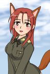  animal_ears brown_eyes buttons extra_ears fox_ears fox_tail lindor long_hair long_sleeves looking_at_viewer military military_uniform minna-dietlinde_wilcke red_hair solo strike_witches tail uniform upper_body very_long_hair world_witches_series 